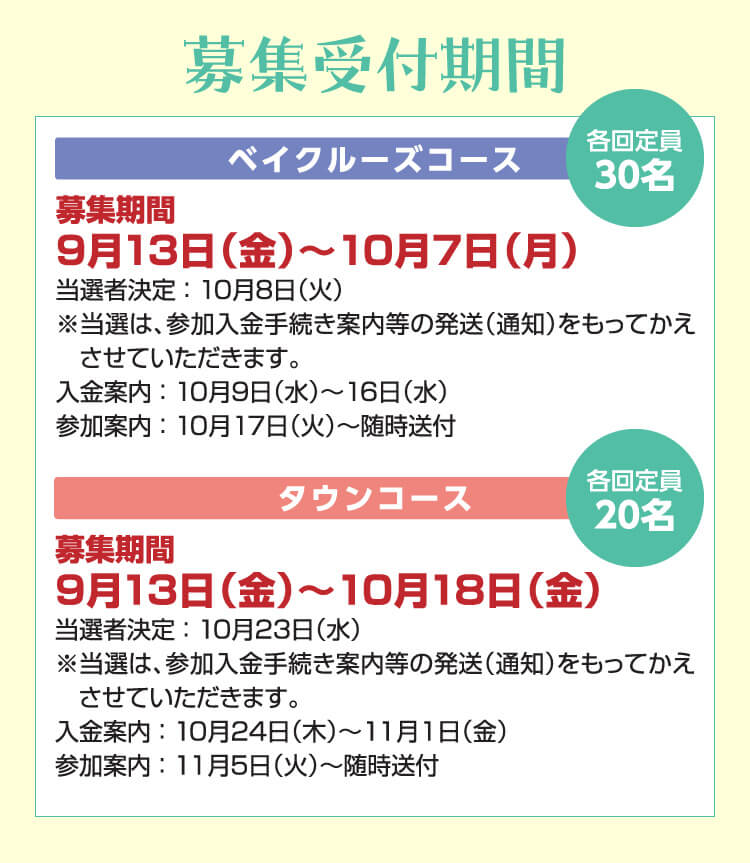 ベイクルーズコース　募集受付期間：9月13日（金）～10月7日（月）当選者決定：10月8日（火）※当選は、参加入金手続き案内等の発送（通知）をもってかえさせていただきます。入金案内：10月9日（水）～16日（水）参加案内：10月17日（火）～随時送付　タウンコース　募集期間：9月13日（金）～10月18日（金）当選者決定：10月23日（水）※当選は、参加入金手続き案内等の発送（通知）をもってかえさせていただきます。入金案内：10月24日（木）～11月1日（金）参加案内：11月5日（火）～随時送付 